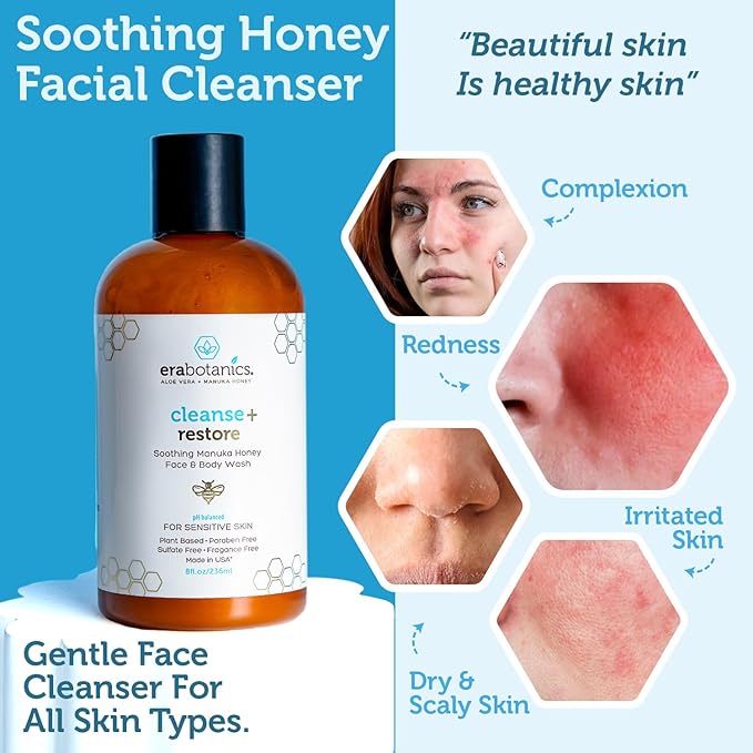 Era Organics Manuka Honey Face Wash for Sensitive Skin - Sulfate Free Gentle Cleanser with Organic Aloe Vera, Hyaluronic Acid & More - Soothing & Moisturizing for Dry Skin - Made in USA (4 oz)