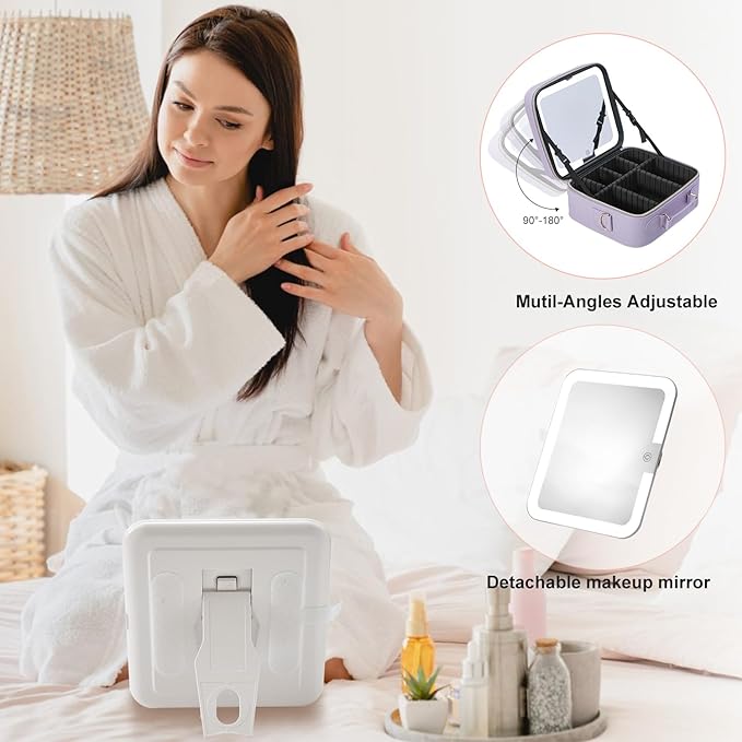 Mocado Travel Makeup Bag with LED Lighted Mirror,Travel Makeup Organizer,Makeup Case with 3 Color Lighted Setting and 10x Magnifying Mirror,Portable Storage and Adjustable Dividers Makeup Box(Purple)