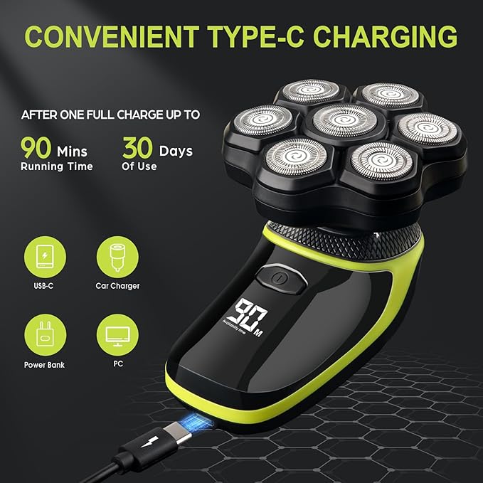 Magnetic 7D Head Shavers for Bald Men, Telfun Waterproof Hypoallergenic Electric Head & Body Shaver, Wet/Dry Shaving, Type-C Fast Charging, LED Display, Rechargeable Razor for Men & Women, Ideal Gift