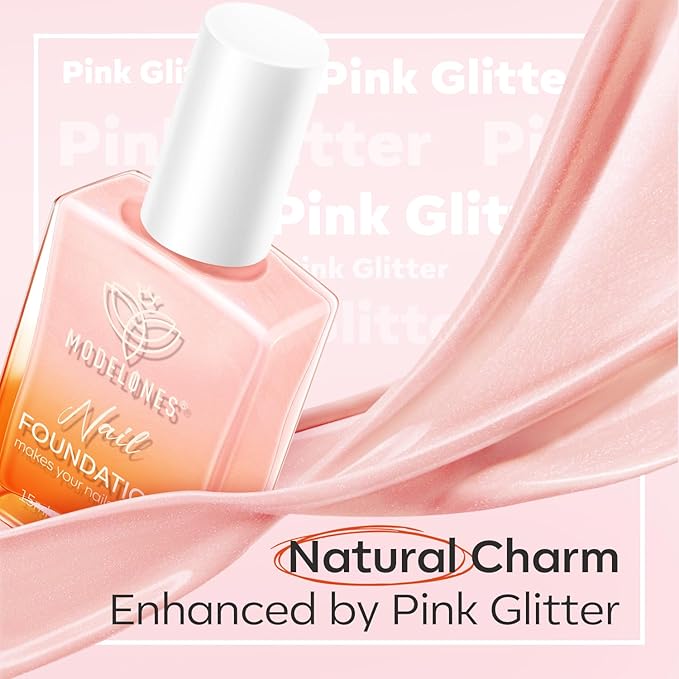 modelones Nail Strengthener, Glitter Clear Nail Natural Concealer Foundation Polish Air Dry Nail Growth Polish for Damaged Nails Imperfection Masking Gifts for Women 15ml