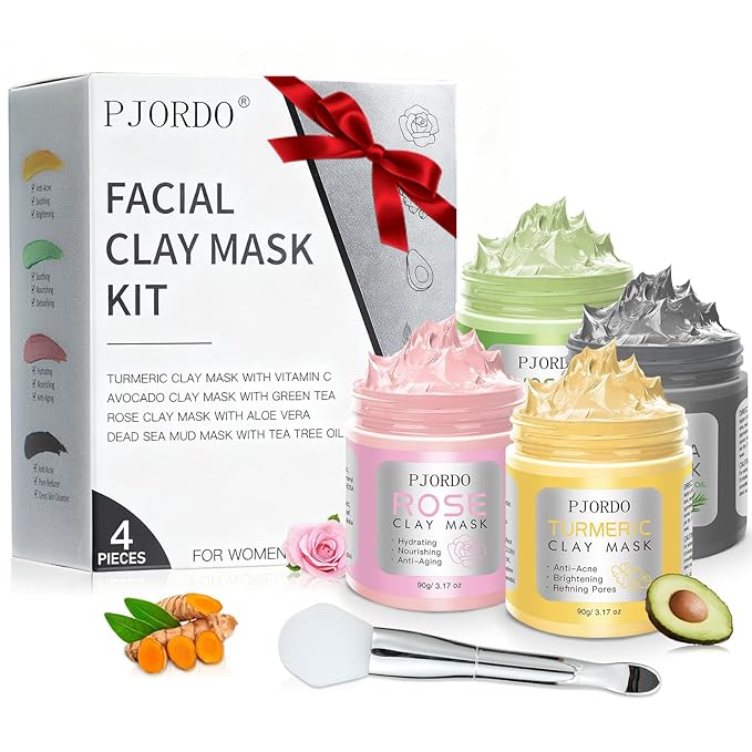 4pcs Clay Mask for Face(360g in total), Turmeric Vitamin C, Dead Sea Mud,Green Tea, Avocado, Rose, Facial Clay Mask Set, Gift Set for Women, Face Mask Skin Care, Gifts for Women, 3.17 Oz Each