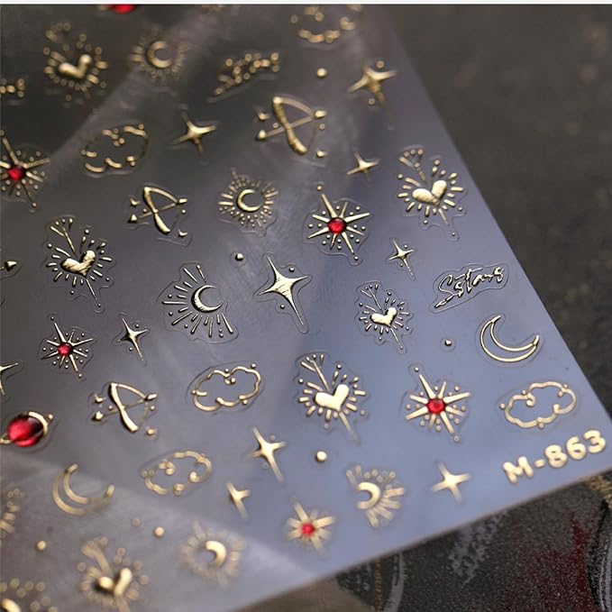 Gold Star Nail Stickers for Nail Art 3D Self Adhesive Moon Heart Nail Art Stickers Gold Star Nail Decals Glitter Nails Design for Acrylic Nails Heart Moon Star Nail Supplies for Women Girls