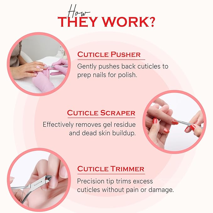 Suvorna Cuticle Nippers with Cuticle Pusher, Nail Scraper and Gel Remover – Professional Stainless Steel Cuticle Trimmer Set for Manicure - Cuticle Set for Fingernails and Dead Skin (Silver, 3 PCS)