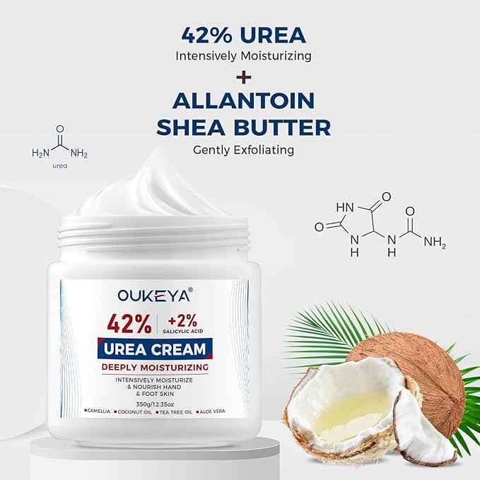 OUKEYA Urea Cream 42% plus Salicylic Acid 2% Net 350g for Dry Cracked Feet, Heels, Knees, Elbows, Hands Repair Treatment.Moisturizes and Removes Corns,Calluses,Dead Skin,and Softens Toenails