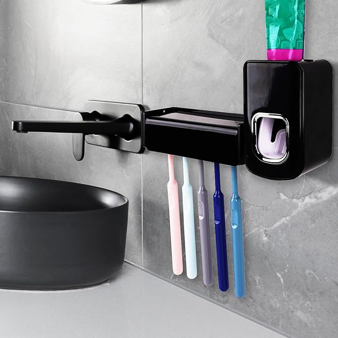 5 Slots Wall Mount Toothbrush Holder with Cover, Self Adhesive Toothbrush Storage Organizer for Shower, Toothbrush Hanger with Automatic Toothpaste Squeezer Dispenser(Black)