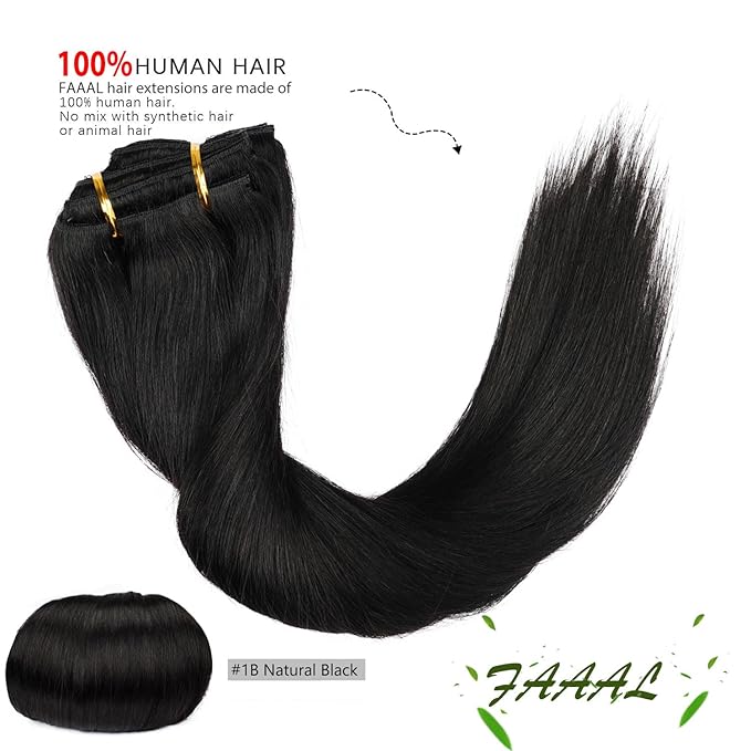 20" Clip in Human Hair Extensions Full Head 180g 7 Pieces 16 Clips Natural Black Double Weft Brazilian Real Remy Hair Extensions Thick Straight Silky (20" 180g, #1B)
