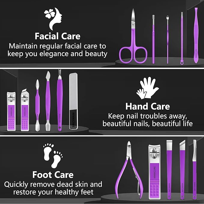 Manicure Set 16Pcs Professional Stainless Steel Pedicure Kit Mens Grooming Kit Fingernail & Toenail Clippers Set Manicure Kit with Luxurious Travel Bag, Sharp Nail Scissors and Clipper (Purple)