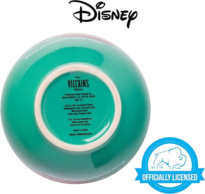 Silver Buffalo Disney Villains Little Mermaid Ursula's Shrimpy Bits Ceramic Ramen Noodle Rice Bowl with Chopsticks, Microwave Safe, 20 Ounces, Little Mermaid Ursula's Shrimpy Bits