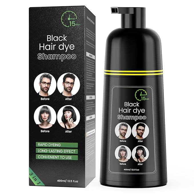 Black Hair Dye Shampoo, Semi-Permanent Hair Color Shampoo for Women and Men, Herbal Ingredients and No Ammonia, 3 in 1-100% Grey Coverage 400ml/ 13.5 fl.oz