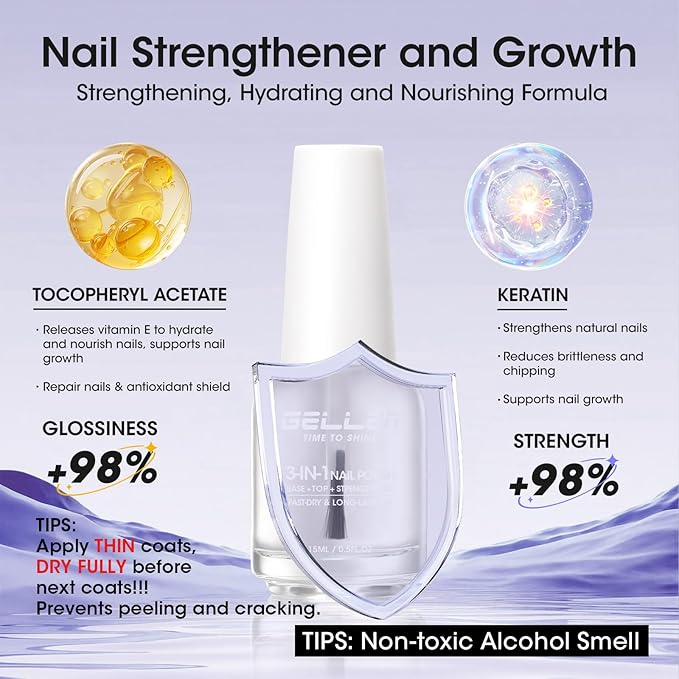 GELLEN 3-In-1 Clear Nail Polish Base Top Coat, Nail Strengthener Growth, Breathable Nail Polish, Treatment For Damaged Dry Nails, Keratin & Vit E, Air Dry, Hema Free, Non-toxic, Anti-yellowing