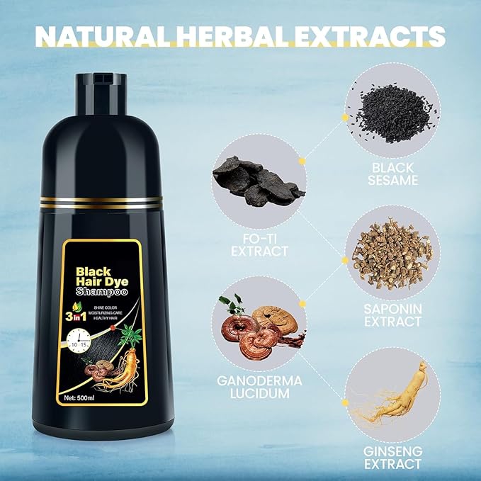 JUANCHI Gray Hair Coverage Shampoo - 3 in 1 Herbal Formula for Women and Men, 500ml (Black)