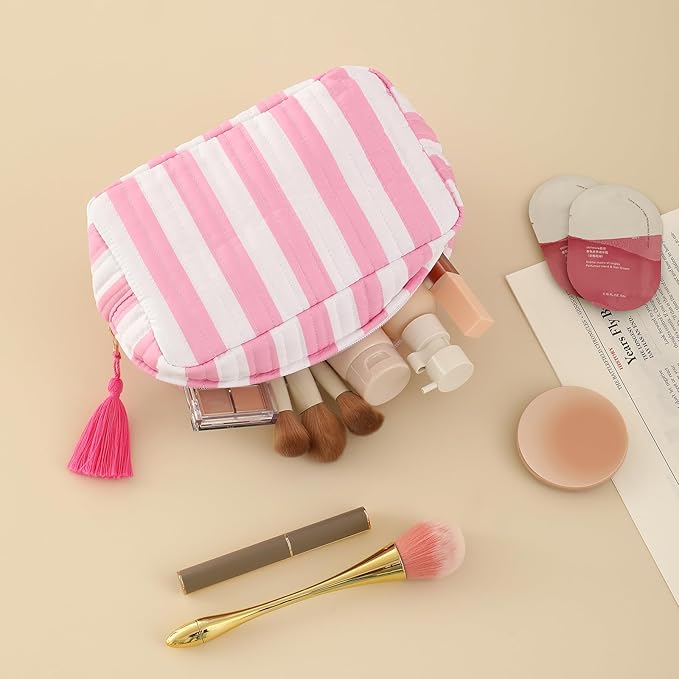 Quilted Makeup Bag for Women, Stripe Cosmetic Pouch with Tassel Zipper Travel Toiletry Organizer (White-Pink)