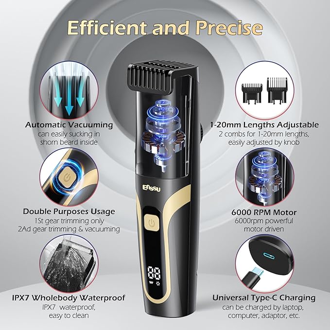 Beard Trimmer for Men - Electric Cordless Vacuum Mens Beard Trimmer with Adjustable 20 Length Setting,Waterproof Mustache Trimmer with Ceramic Blade for Precision Facial Hair