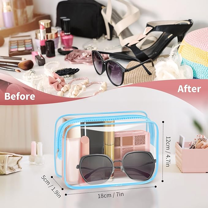 TISRATOK 12 PCS Clear Makeup Bag for Women with Zipper, TSA Approved Toiletry Pouch, Cosmetic Bag Bulk for Travel Organizer Essentials - Blue,Medium