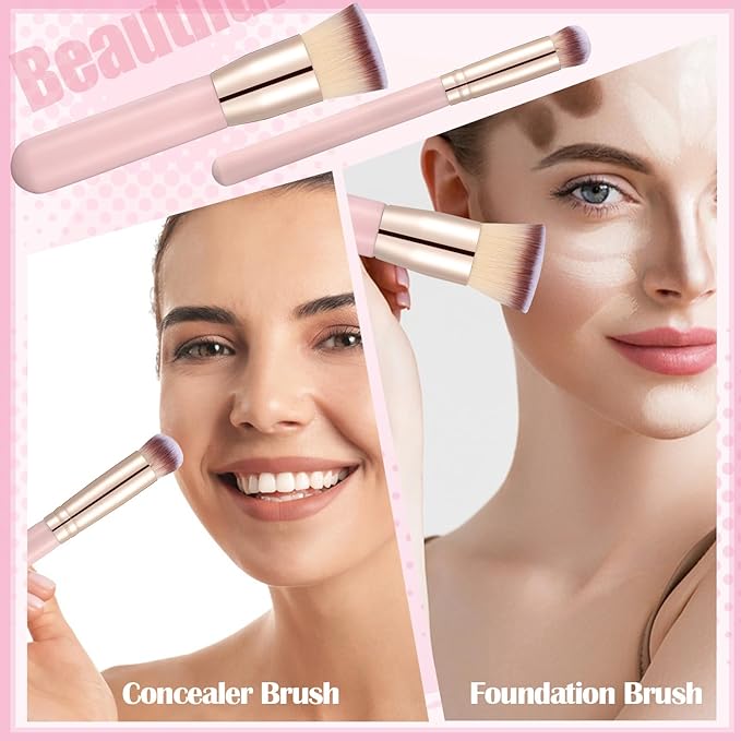 6Pcs Foundation Brush for Liquid Makeup,Liquid Foundation Brush with Makeup Sponge and Powder Puff for Foundation, Powder, Blush,Concealer(Pink)