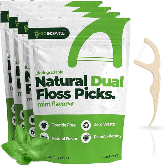Dual Thread Dental Floss Picks - Straw Wheat Flossers | Thin & Shred-Resistant Thread for Tight Gaps | Dental Flossers for Adults | Gentle on Gums & Teeth | Vegan (200 Pack, Mint)