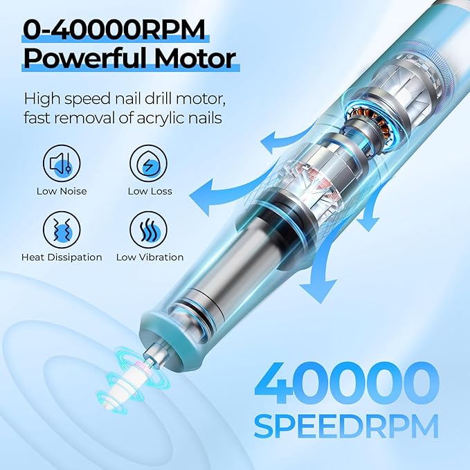 Electric Nail Drill Professional: 40000RPM Electric Nail File Kit E File Nail Drill Machine with LCD Display for Acrylic Gel Nail, Manicure Pedicure Polishing Nail Grinder for Salon Home Use