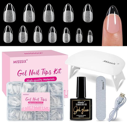 Misssix Short Almond Gel Nail Tips Kit, 216Pcs Pre Etched Clear Fake Nails, Full Cover False Nail 9-in-1 Gel Glue and Portable Mini U V Nail Lamp for Women 12 Sizes