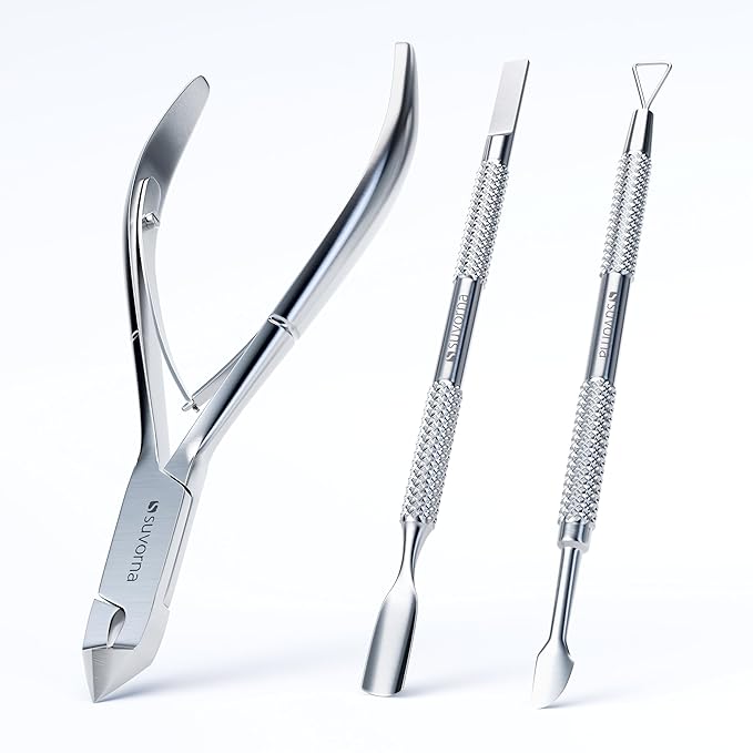 Suvorna Cuticle Nippers with Cuticle Pusher, Nail Scraper and Gel Remover – Professional Stainless Steel Cuticle Trimmer Set for Manicure - Cuticle Set for Fingernails and Dead Skin (Silver, 3 PCS)