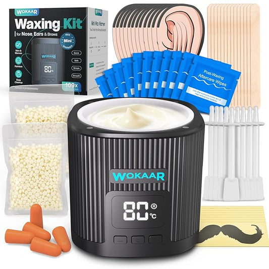 Nose Wax Kit for Eyebrow and Ear Hair | 100gWax, 50 Face Waxing Sticks | Fast-Heating USB Wax Warmer | Hair Removal Kit for Men & Women | 15 Pre/Post Wipes, Ear and Mustache Guards & Earplug