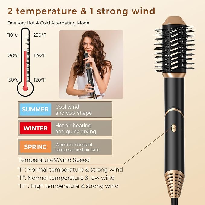 6 in 1 Hair Dryer Brush, Foldable Blow Dryer Brush with Air Styler Curler Wrap, Detachable Hot Air Brush Dry,Volumize, Straight,Curl, Negative Ion Brush Blow Dryer with Diffuser, Hair Styler Tools