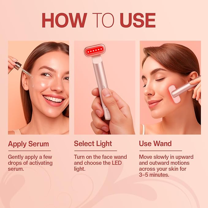 Face Massager 7 in 1 LED Red Light Wand for Face, Neck & Eye – Rose Gold with Activating Serum | Portable Skincare Device Rechargeable Beauty Tool