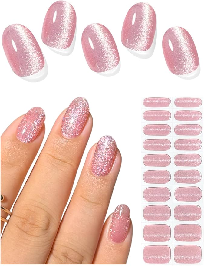 Semi Cured Gel Nail Strips (Light Rose Cat Eye), 20 Pcs Gel Nail Wraps, Stickers, Long Lasting, Works With Any Lamps