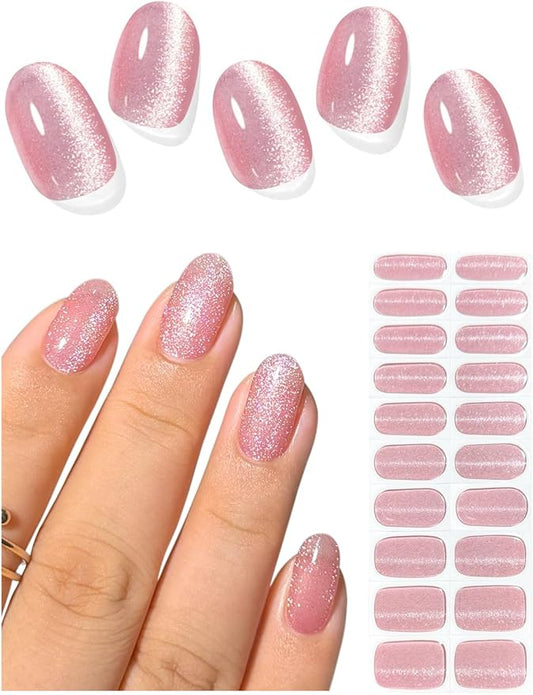 Semi Cured Gel Nail Strips (Light Rose Cat Eye), 20 Pcs Gel Nail Wraps, Stickers, Long Lasting, Works With Any Lamps