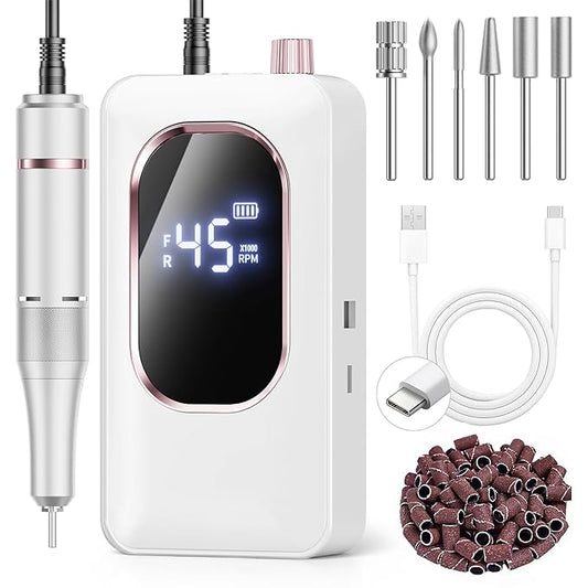 Professional Electric Nail Drill 45000RPM, Portable Nail File for Acrylic Gel Nails, Cordless Rechargeable Salon-Grade Ultra Power Nail Drill Kit for Shaping, Polishing & Removing Gel Nails