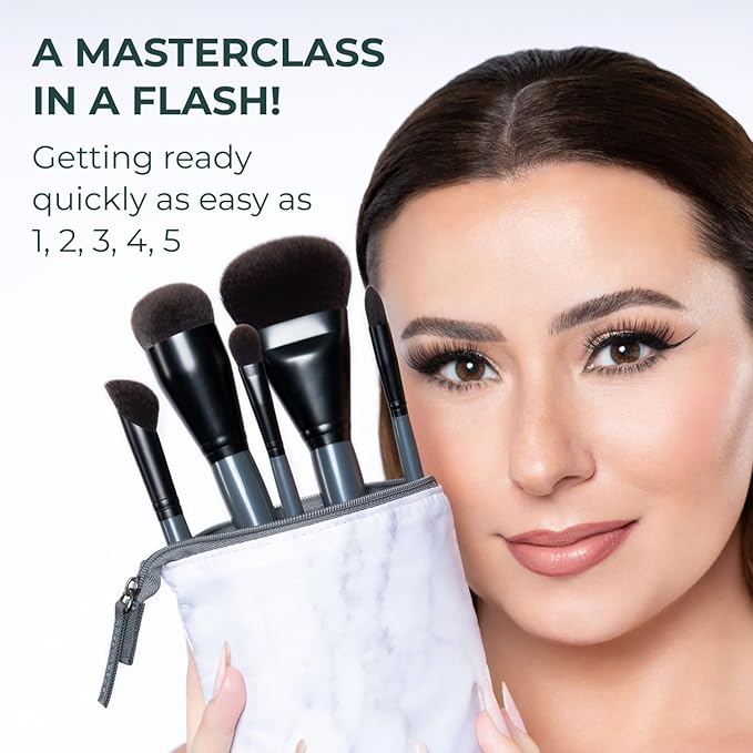 Rose and Ben Beauty Essential 5 Piece Makeup Brush Set and Travel Case | Professional Eye and Face Brushes for Liquid, Cream and Powder Formulas | Cruelty Free