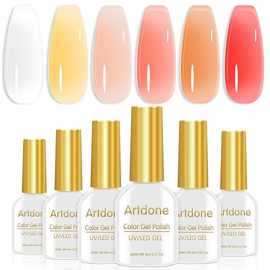 Artdone Sheer Gel Nail Polish Set Jelly UV Gel 6 Colors Translucent Milky White Yellow Light Apricot Red Colors Nail Polish For All Seasons Neutral Soak off LED Lamp Gel Manicure Kit For Nail Art
