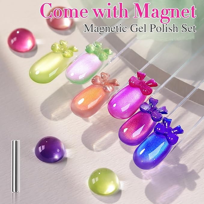 Double Rhythm Fruit Cat Eye Gel Nail Polish Set of 6 Same Color Same Bottle 0.5 Oz Shimmer Glitter with Magnet Holographic Reflective Magnetic UV Polish Kit at Home (Glass Rose Pink Green-T6-48)