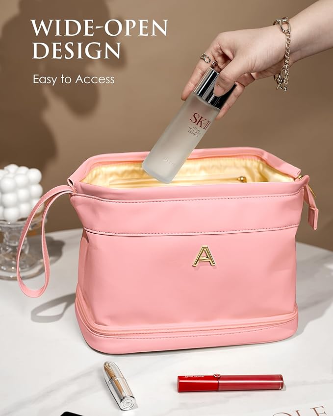 Travel Essentials for Friends Female Mom, Personalized Makeup Bag, Double Layer Cosmetic Bag with Makeup Brush Organizer, Waterproof, Large Capacity PU Leather Toiletry Bag Customized Gifts