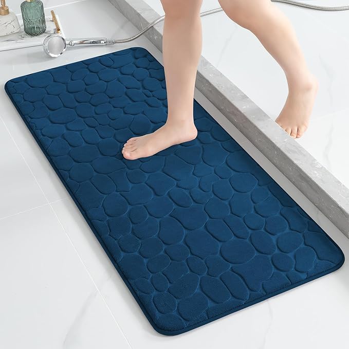 YIHOUSE Memory Foam Runner Rug, Cobblestone Bathroom Runner Rugs Super Water Absorbent Bath Mats for Bathroom Machine Washable Bath Rugs for Hallway Bedroom Laundry Room(20 x 47,Dark Blue)