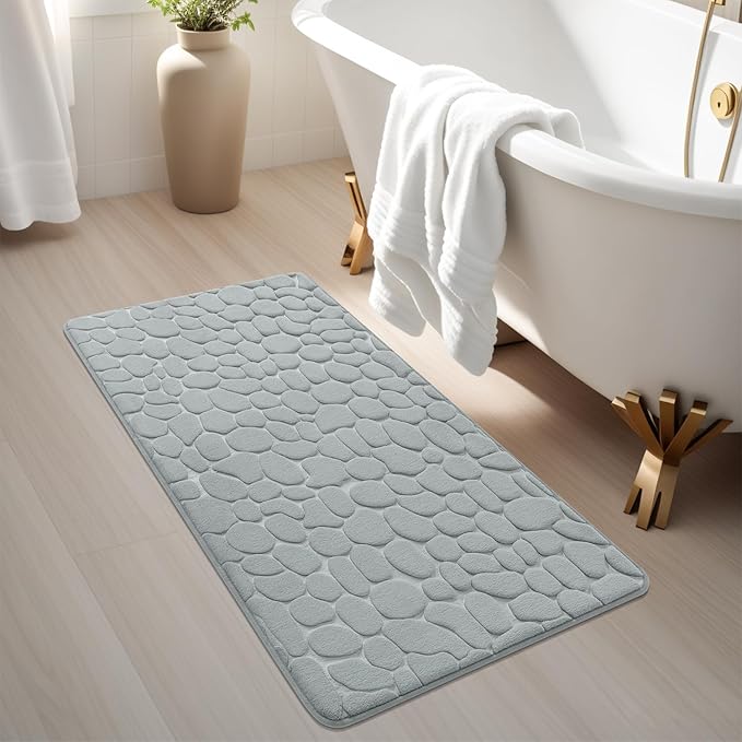 YIHOUSE Memory Foam Runner Rug, Cobblestone Bathroom Runner Rugs Super Water Absorbent Bath Mats for Bathroom Machine Washable Bath Rugs for Hallway Bedroom Laundry Room(26 x 50,Light Gray)