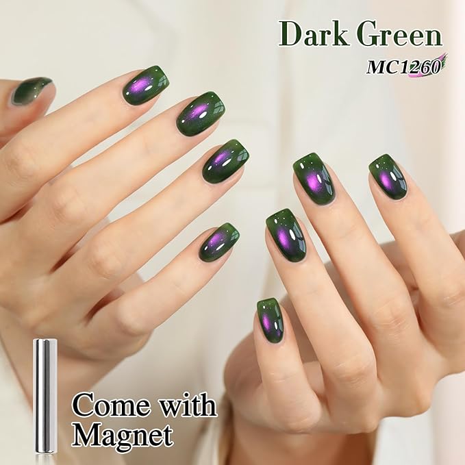 Double Rhythm 0.5 OZ Cat Eye Gel Polish with Magnet 15ML Holographic Glitter Shimmer Translucent Jelly Color Magnetic Nail Polish Salon DIY at Home (Green Pink-MC1260)