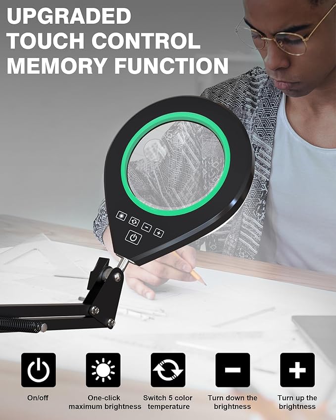 10X & 5X Magnifying Glass with Light, Ultra Long Swing Arm, 5 Colors & 10 Brightness, Real Glass Lens Large Magnifying Lamp for Craft Painting Workbench Jewelry Making Hobby Close Work (Green)