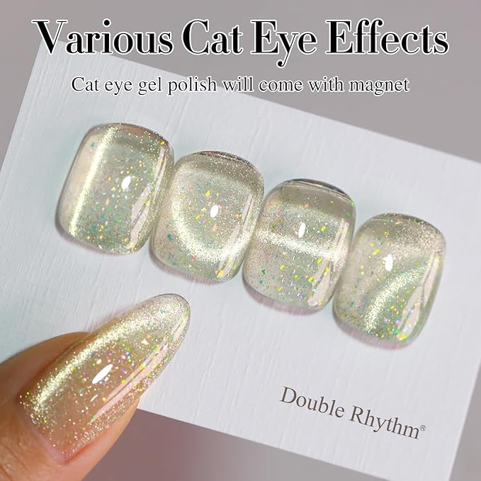 Double Rhythm 0.5 OZ Cat Eye Gel Polish with Magnet 15ML Holographic Glitter Shimmer Translucent Jelly Color Magnetic Nail Polish Salon DIY at Home (MC1060)