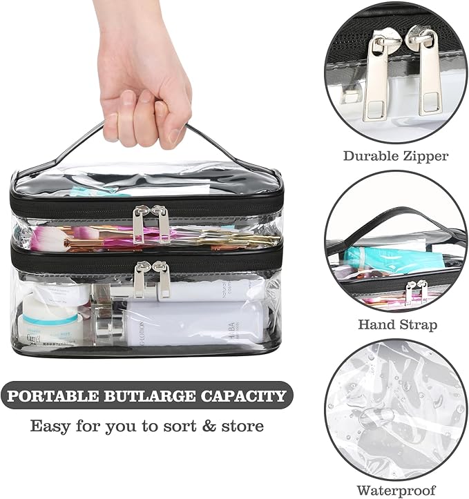 HAOGUAGUA Double Layer Clear Cosmetic Bag Makeup Bag, Waterproof Travel Toiletry Bag, Transparent PVC Pouch Organizer (Black-large)