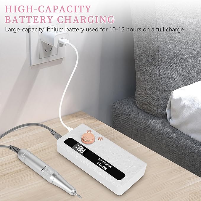 Electric Nail File Professional Kit - 45000RPM Portable Nail Drill Electric File with 11 Bits & Base丨LED Screen丨Ultra-Silent, Rechargeable Nail Drills Machine for Acrylic Nails Gel Polishing (White)