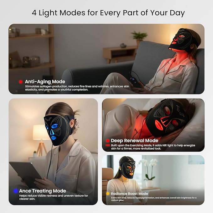 LED Light Therapy Mask for Face, 4 Modes LED Face Mask Light Therapy with 850nm Near-Infrared, 400 LEDs, Rechargeable, Portable Anti-Aging Device (Onyx Black)