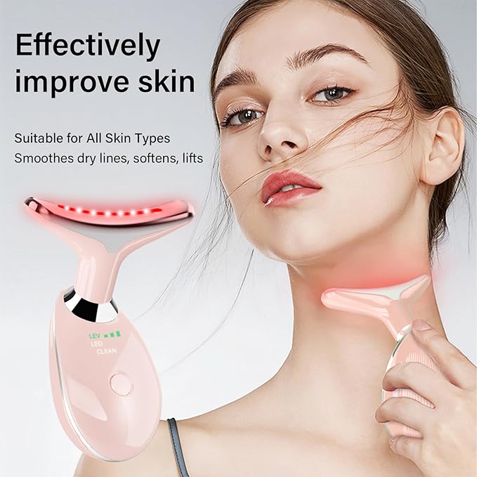 Neck&Face Massager with 7 Colors-Multi-Functional Skincare Tool,Home Beauty Device for Wrinkles&Relaxation (Warm Pink)