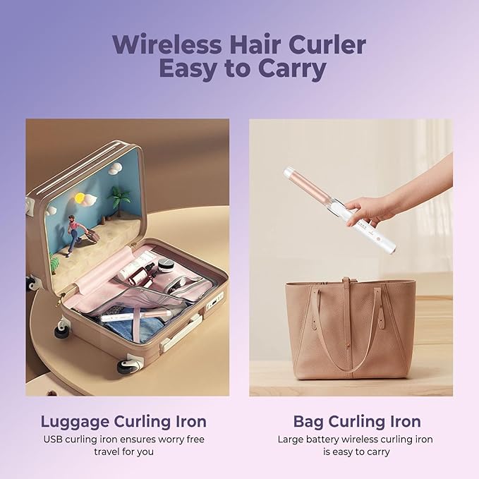 Cordless Curling Iron 9000 mAhUSB Rechargeable, 4 Temps Setting Cordless Hair Curlers, 280°F-400°F Travel Cordless Curling Wand, Wireless Ceramic Hair Styling Tools Hot Rollers Hair Curlers