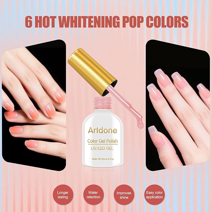 Artdone Sheer Gel Nail Polish Set Jelly UV Gel 6 Colors Translucent Porcelain White Orange Nude Pink Colors Nail Polish For All Seasons Neutral Soak off LED Lamp Gel Manicure Kit For Nail Art