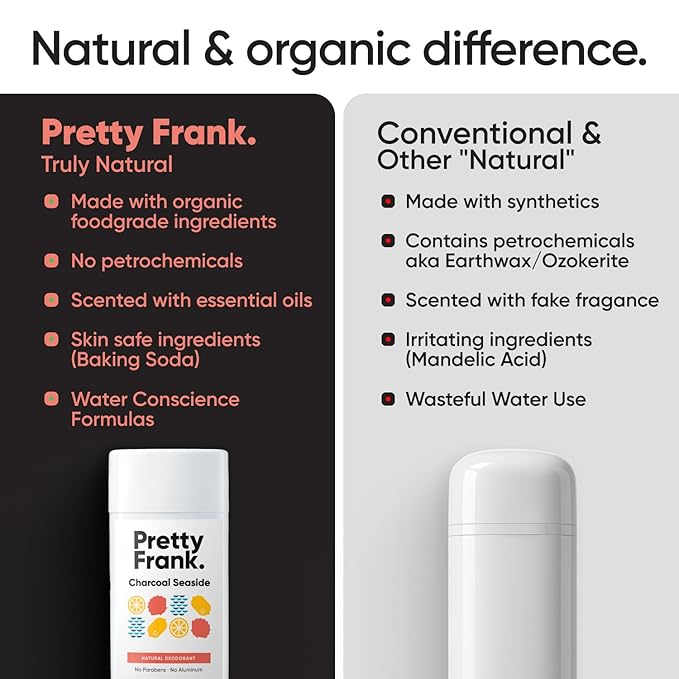 Pretty Frank Natural Aluminum-Free Deodorant Stick, Charcoal Seaside (1-Pack) | All-Day Odor Control for Women & Men | Effective, Safe, Organic Ingredients, Added Charcoal and Essential Oils