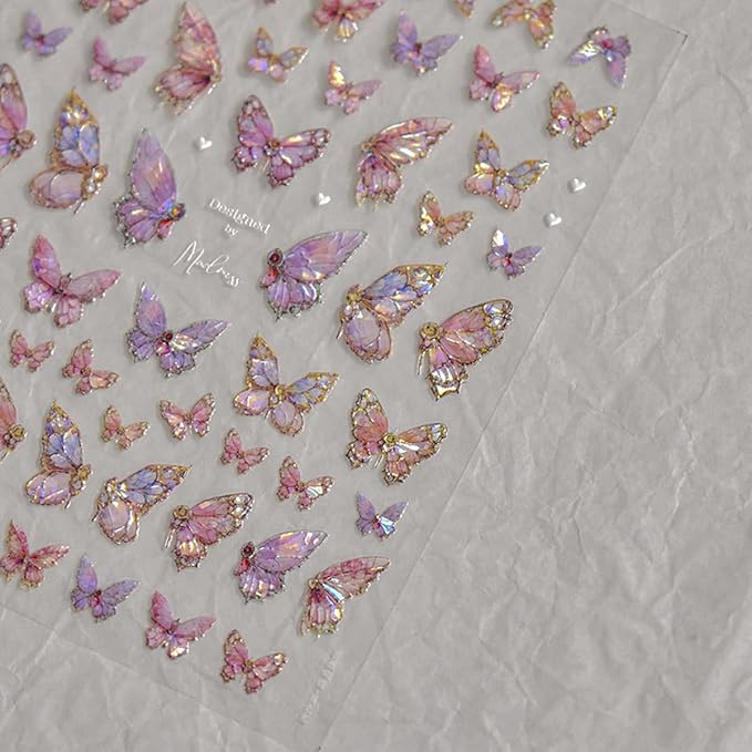 Butterfly Nail Art Stickers Decals Pink Butterfly 5D Embossed Nail Decals Shell Light Butterflies Nail Designs Adhesive Sticker Manicure Accessories for Women Girls DIY Nail Art Decorations Supplies