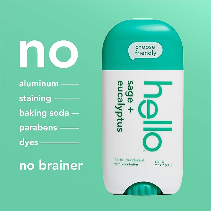 hello Sage and Eucalyptus Aluminum Free Deodorant for Women and Men with Shea Butter, 24-Hour Freshness, Baking Soda Free Deodorant, Dermatologically Tested, 2.6 oz Stick (2 Pack)