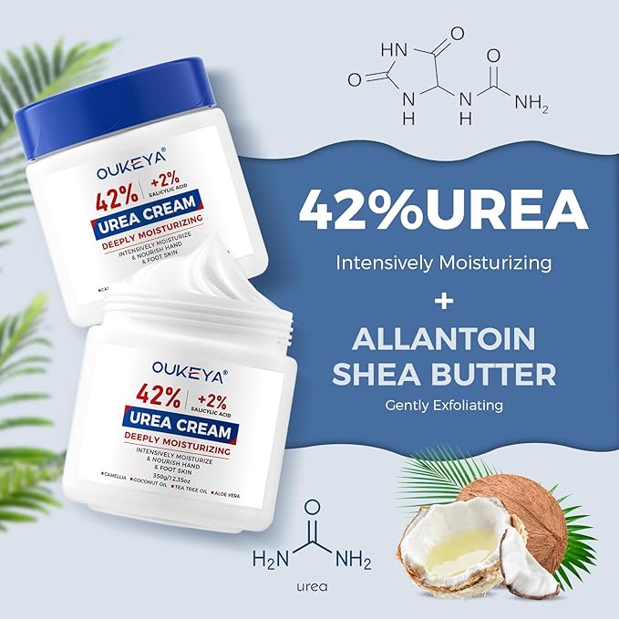 OUKEYA Urea Cream 42% plus Salicylic Acid 2% Net 350g Foot & Hand Cream for Dry Cracked, Urea Lotion for Feet Maximum Strength, 2 Pack