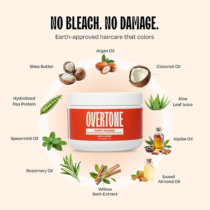 Overtone Semi Permanent Hair Color Conditioner, Poppy Orange, 8 oz, Nourishing, Damage-Free, Color Depositing Mask for All Hair Types with Shea Butter & Coconut Oil, Vegan & Cruelty-Free