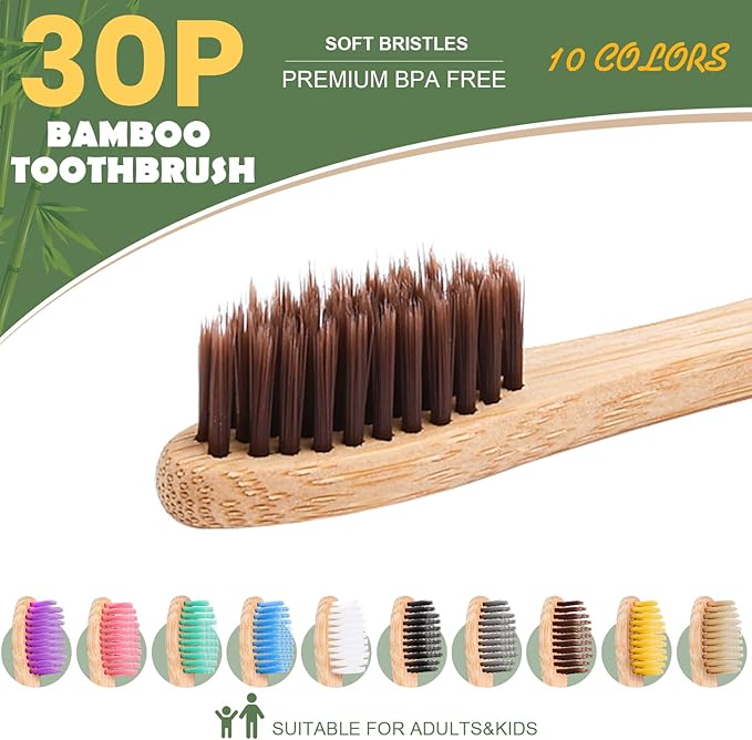Navona 30 PCS Bamboo Toothbrushes, BPA Free Soft Bristles Toothbrush for Adults, Box of Two Kids Bamboo Toothbrushes Pack, Eco-Friendly Natural Wooden Toothbrush Bulk